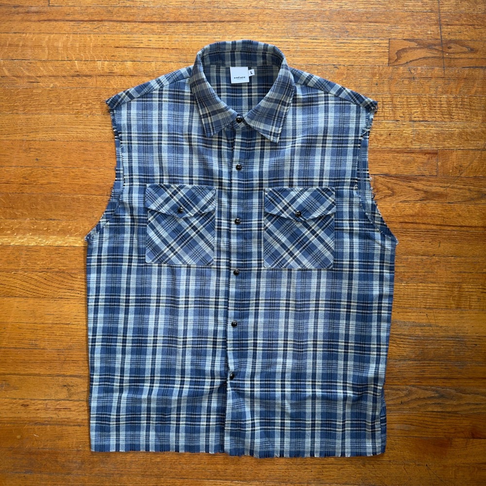 Mens Blue Plaid Sleeveless Button Up‎ Shirt Cut Off Flannel